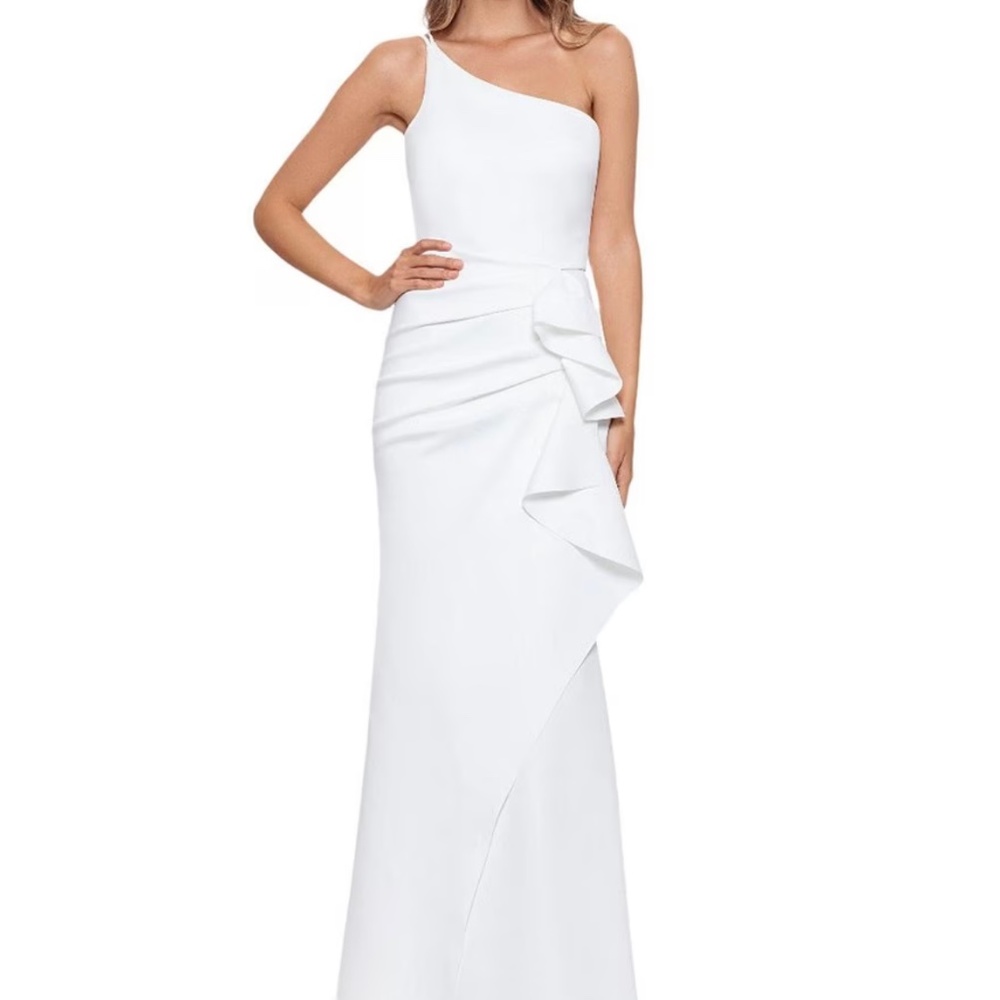 Xscape One Shoulder White Ruffle Long Evening Dress
